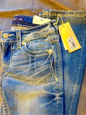 Miss Me Boot Cut Jeans in Blue with Gold Accents